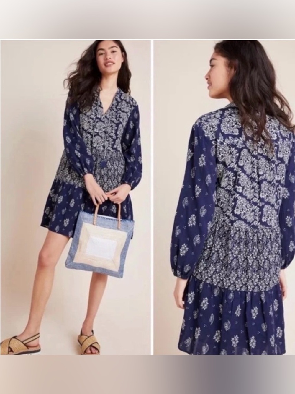 Maeve Anthropologie Carlita Tiered Tunic Dress Small Blue White